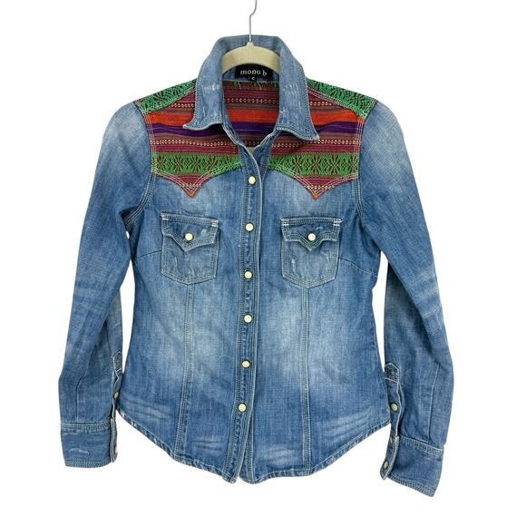 Mono b Southwestern Pearl snap Denim Shirt Colorful woven Accents Wom size small - Picture 12 of 12
